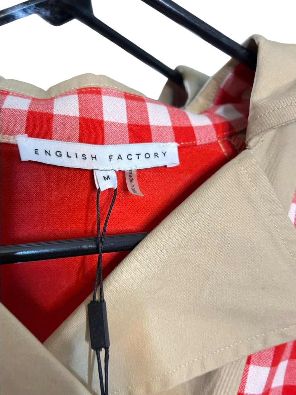 English Factory Beige Cropped Trench with Red Gingham Trim sz M - Picture 6 of 16